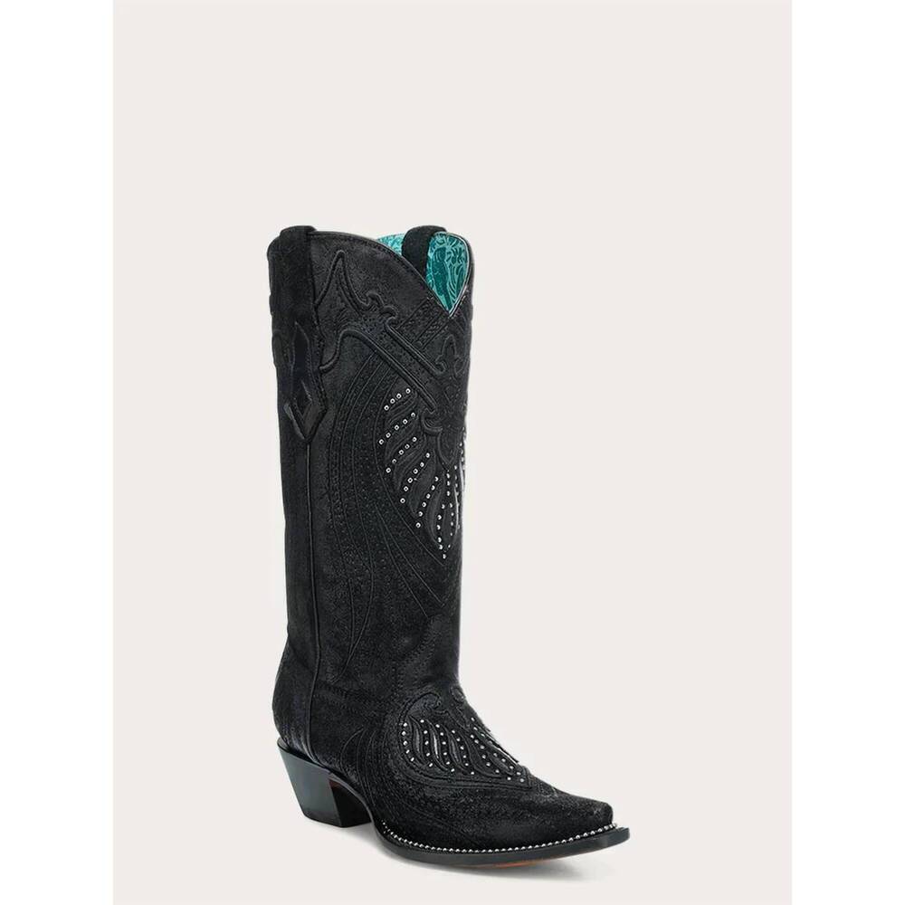 NEW CORRAL women's overlay embroidery & studs snip toe cowboy boots in black